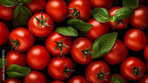 Fresh ripe red tomatoes with vibrant green leaves arranged neatly on a clean white background © Ilja