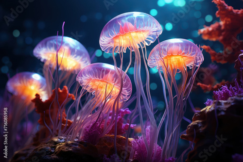 Bioluminescent organisms light up the ocean depths, creating a surreal underwater spectacle that highlights the incredible biodiversity of marine life.  Generative Ai. © Sebastian