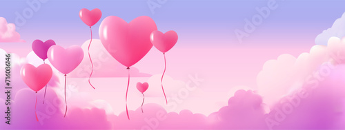 pink air balloons in heart shape flying in sky happy valentine day greeting card shopping poster or voucher holiday celebration photo