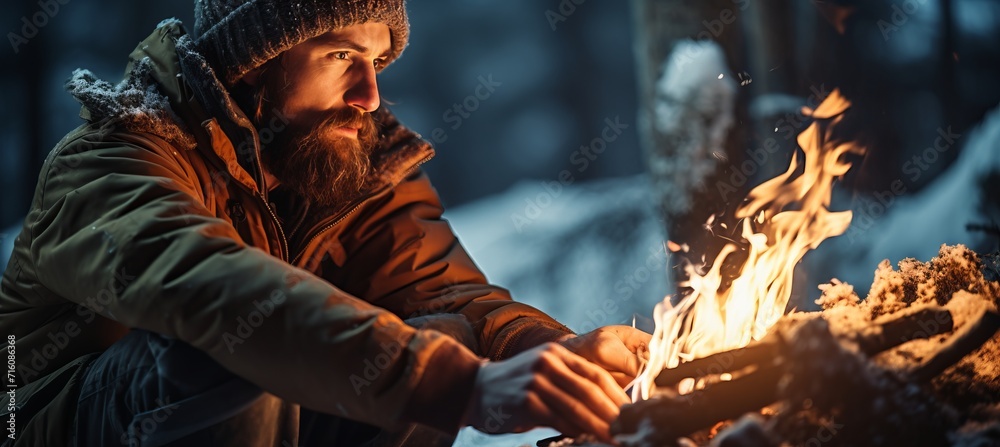 Winter camping in the snow covered forestcooking in a winter tent campsurvival and people concept Winter camping in the snow covered forestcooking in a winter tent campsurvival and people concept