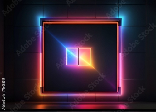 An abstract geometric background with neon square frame glowing with gradient light in the dark from Generative AI