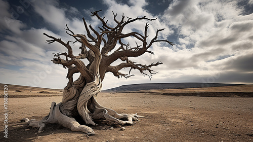 a solitary ancient tree with twisted roots in a deserted landscape