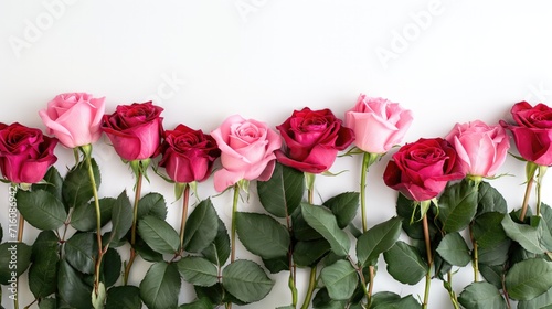 Pink and Red roses with leaves on white background with a copy space.