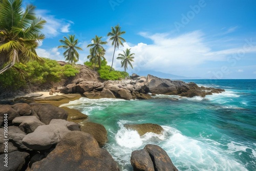A wide tropical shoreline with large rocks and palm trees. Generative AI