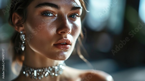 A portrait of a woman with a deep side part and a glittering diamond choker. photo