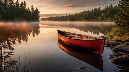 a traditional wooden canoe on a peaceful mirror-like lake photo