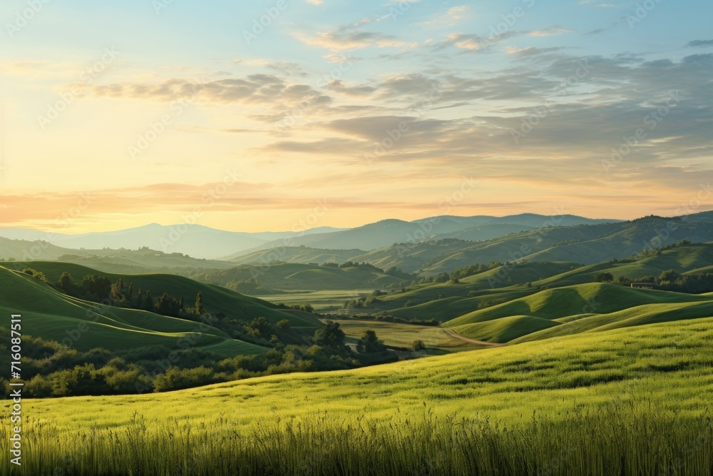Sunset over a panorama of mountain hills and village in the valley. Beautiful tuscany landscape at sunset. Generative AI. Sunset over a panorama of mountain hills and village in the valley. Beautiful tuscany landscape at sunset. Generative AI.
