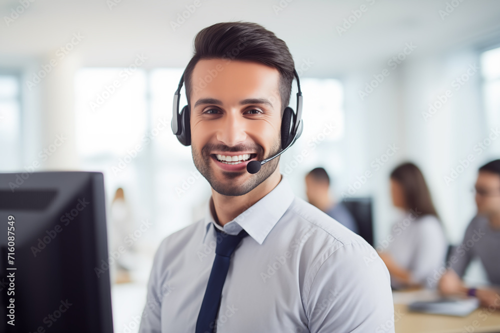 Smiling male call center operator in headset looking at camera. Generative AI Smiling male call center operator in headset looking at camera. Generative AI