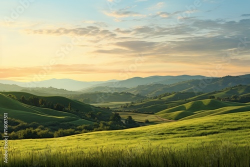 Sunset over a panorama of mountain hills and village in the valley. Beautiful tuscany landscape at sunset. Generative AI.