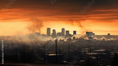 A skyline view of a city obscured by a layer of industrial smoke, giving the appearance of a city on fire.