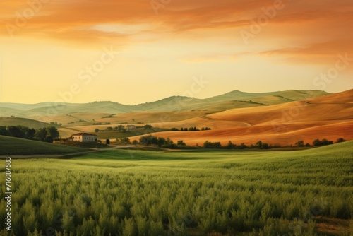 Stunning panoramic view of the Countryside in Summer. Vast green hills and mountains. Generative AI.