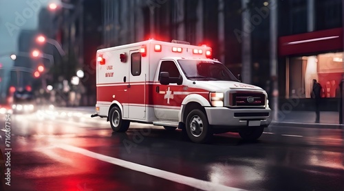 A emergency ambulance car driving with flashing red lights on through the wide city street White emergency vehicle