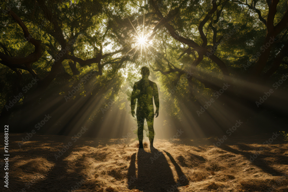 A human shadow morphing into a tree, symbolizing growth and personal development. Concept of personal evolution. Generative Ai.