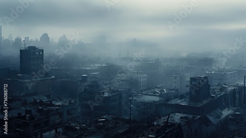 A bleak and desolate cityscape covered in a layer of thick, toxic fog.