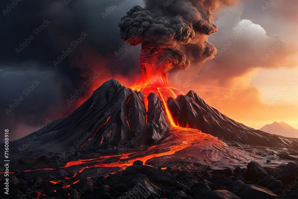 Nature Unleashed. Powerful volcano eruption with flowing lava. A dramatic and captivating concept representing the raw force of the earth's elements.