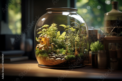 Mini garden in glass terrarium