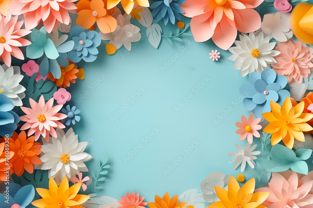 Gorgeous floral background, paper flowers and plants. Papercraft background with copy space for text.