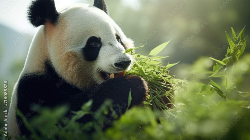 Fototapeta premium A zoomedin shot of a giant panda munching on bamboo, serving as a poignant reminder of the limited and rapidly depleting food sources for these endangered bears and the conservation strategies