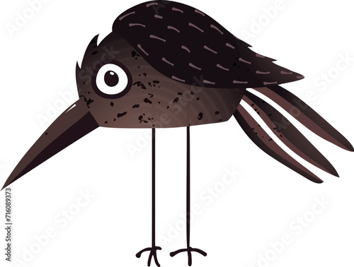 Cute silly crow or raven bird character cartoon for kids. Childish crow, isolated clipart drawing. Vector hand drawn raven bird character. Illustration in quirky style. Character design for children.