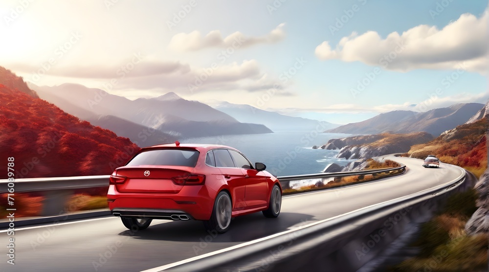 A new red car driving on highway in mountains, Winding Road Near The Ocean, banner composition. 3D rendering