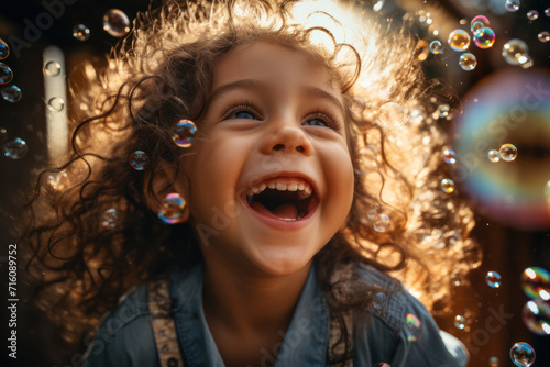 A child laughing amidst a shower of soap bubbles, capturing the essence of pure joy and innocence. Concept of childlike happiness. Generative Ai.