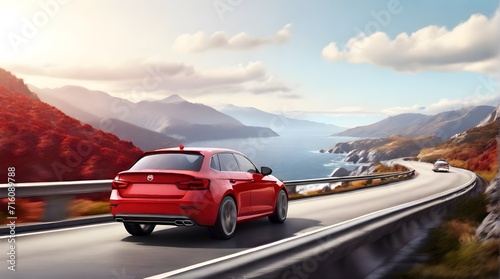 A new red car driving on highway in mountains, Winding Road Near The Ocean, banner composition. 3D rendering © Shahabuddin