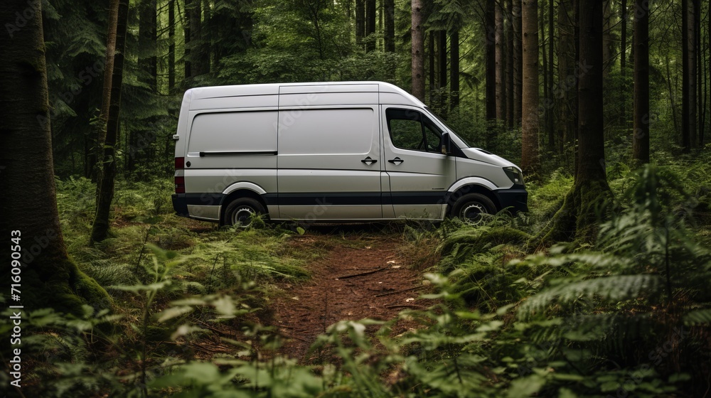 Modern delivery van driving through lush green forest on a beautiful sunny summer day Modern delivery van driving through lush green forest on a beautiful sunny summer day