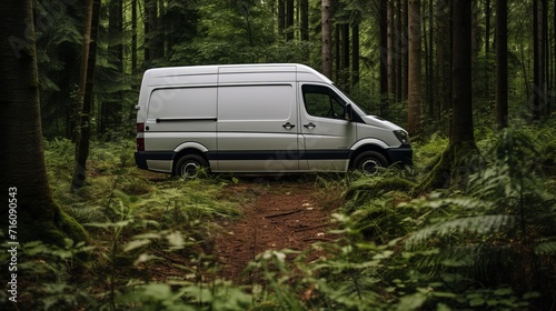 Modern delivery van driving through lush green forest on a beautiful sunny summer day © Ilja