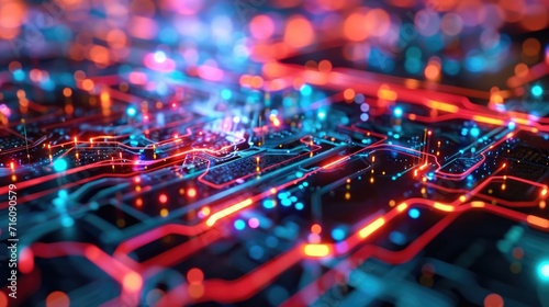 An abstract design of intertwining neon circuits representing the interconnectedness of technology and information