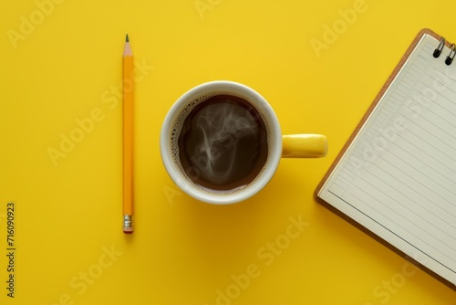 Close-up shot of a coffee cup, open notebook, and a pencil arranged on a yellow surface. Add subtle elements like steam rising from the coffee to enhance the break-time ambiance.