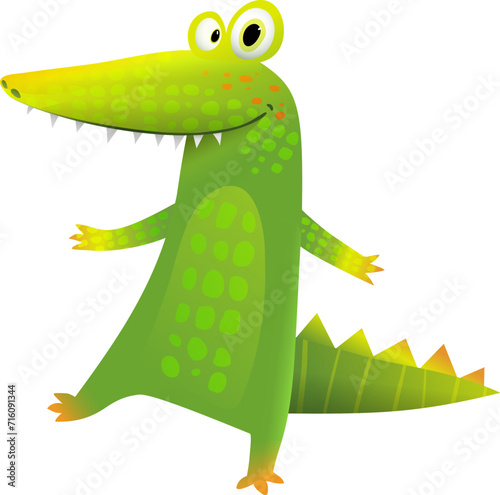 Funny silly crocodile character clipart cartoon for kids. Cheerful childish comic alligator animal drawing. Vector hand drawn illustration in watercolor style, character design for children.