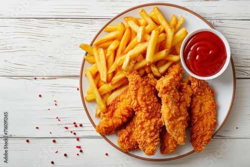 Top view of homemade crispy chicken tenders and French fries on a white wooden background