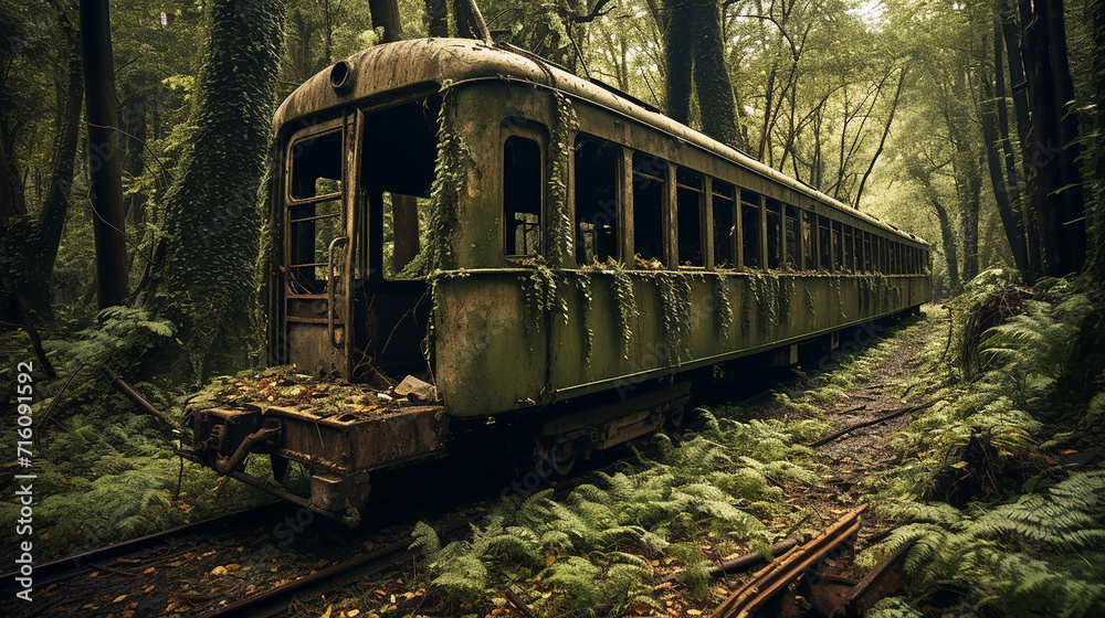 Fototapeta premium abandoned rusty train car in forest single rusty abandoned train car sits in the middle dense forest