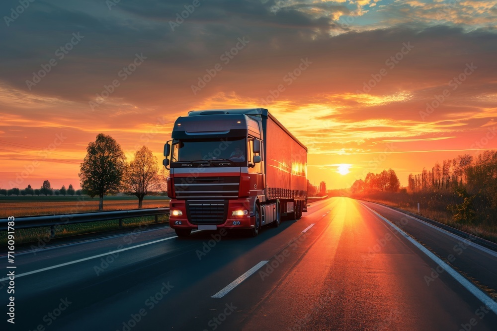 Truck carrying cargo on road during sunset