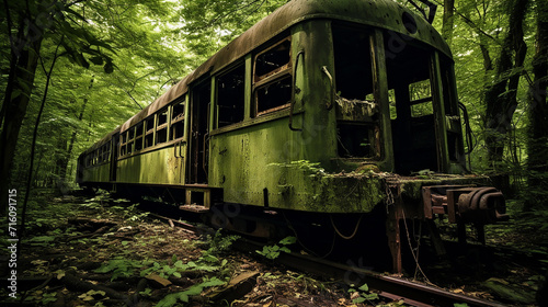 a single rusty abandoned train car sits in the middle of dense forest, overtaken by nature