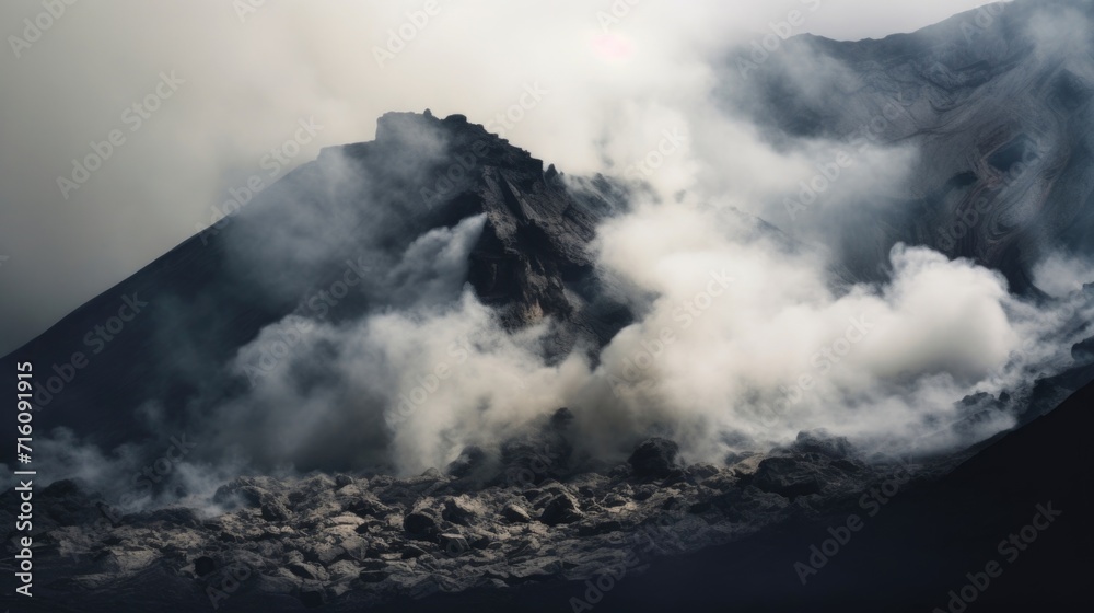 Obraz premium A closeup of a volcanic crater, with thick clouds of ash spewing from the top and smaller eruptions seen around the edges.