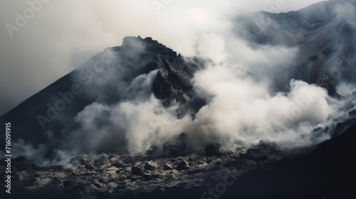A closeup of a volcanic crater, with thick clouds of ash spewing from the top and smaller eruptions seen around the edges. photo