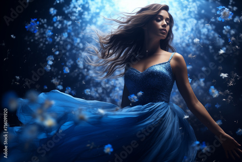 Beautiful young women in the airy blue dress spinning with falling blue flowers. 