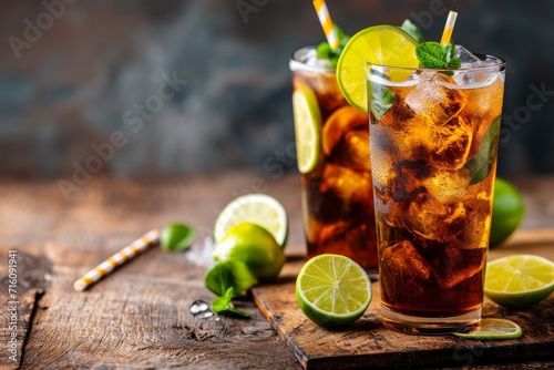 Strong drink with cola lime ice in a glass cold lemonade cocktail