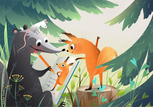 Animals drawing a picture in the forest, skunk draws a portrait for a funny squirrel. Art and craft school in nature, story for kids. Isolated storytelling pages for children. Vector illustration.