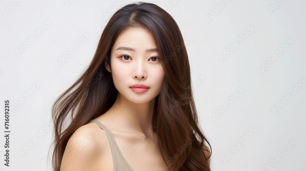 Beautiful Asian Singaporean Woman Portrait Studio Photo Photography Profile Picture Young Model with Long Hair for Fashion Beauty Skincare Haircare Products on Light Solid Color Background 16:9