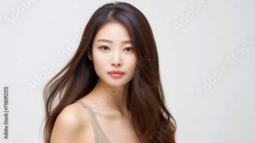 Beautiful Asian Singaporean Woman Portrait Studio Photo Photography Profile Picture Young Model with Long Hair for Fashion Beauty Skincare Haircare Products on Light Solid Color Background 16 9