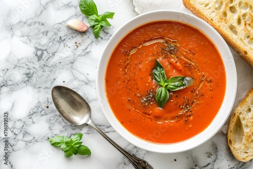 Hot tomato soup with bread roasted tomatoes and basil over marble background