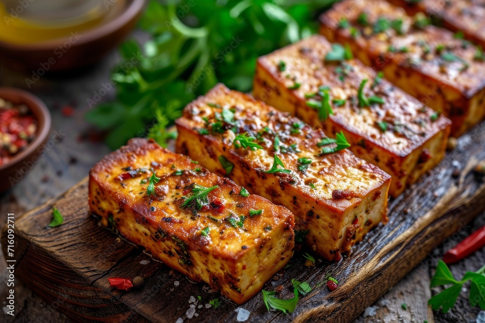Herbs and spices added to marinated tofu and baked