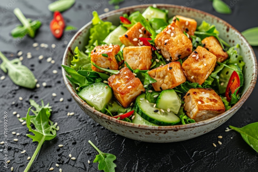 Asian vegan salad with tofu and cucumbers topped with sesame seeds served in a ceramic bowl on a black stone background Asian vegan salad with tofu and cucumbers topped with sesame seeds served in a ceramic bowl on a black stone background