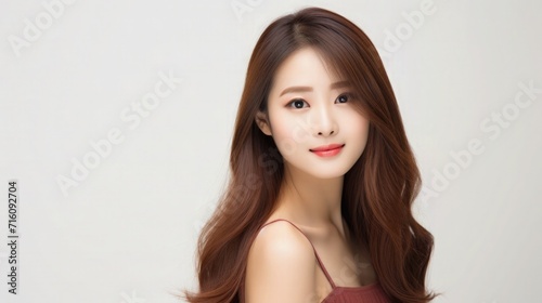Beautiful Asian Taiwanese Woman Portrait Studio Photo Profile Picture Young Model with Long Hair for Fashion Beauty Skincare Haircare Products on Light Solid Color Background 16:9