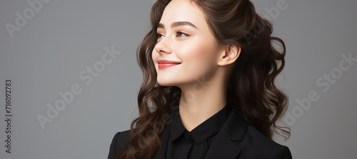 Young happy woman in formal attire looking away, isolated on solid pastel background with copy space