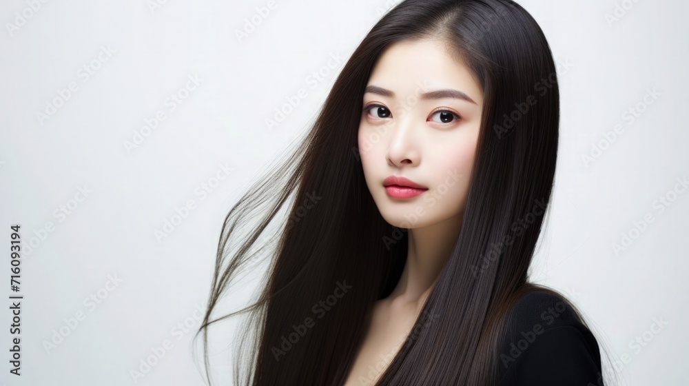 Beautiful Asian Taiwanese Woman Portrait Studio Photo Profile Picture Young Model with Long Hair for Fashion Beauty Skincare Haircare Products on Light Solid Color Background 16:9 Beautiful Asian Taiwanese Woman Portrait Studio Photo Profile Picture Young Model with Long Hair for Fashion Beauty Skincare Haircare Products on Light Solid Color Background 16:9