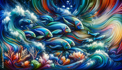 Tropical Fish in Swirling Ocean Currents. Colourful fish caught in the swirling dance of ocean currents.