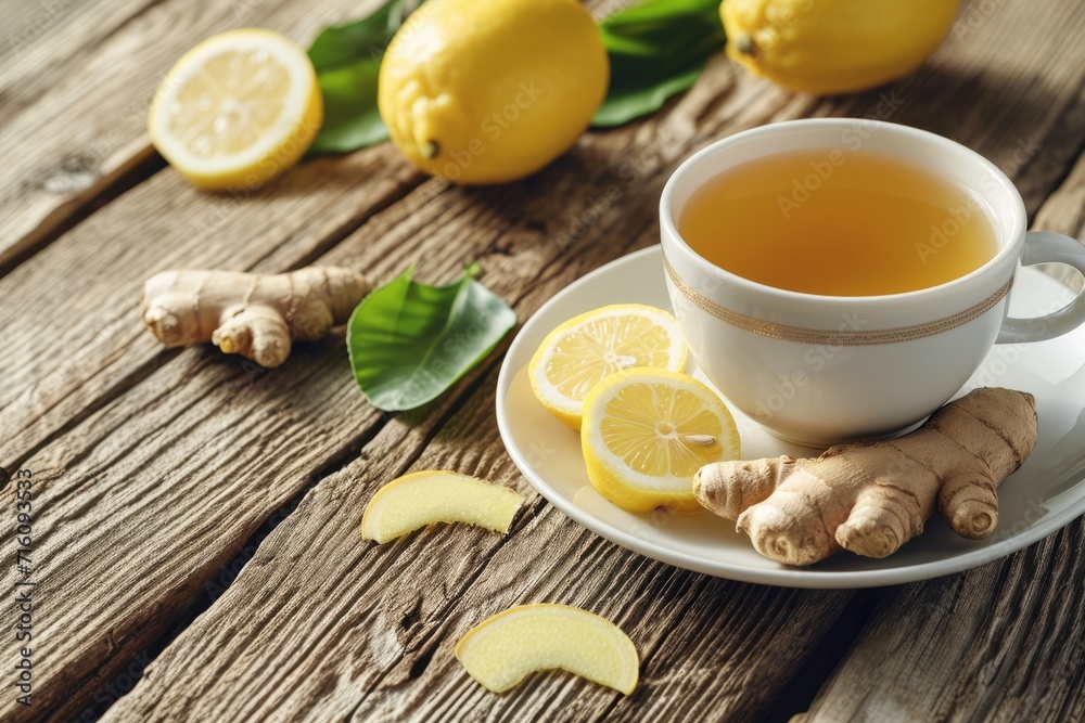 Ginger tea with lemon on table food photography Morning light wooden table Ginger tea with lemon on table food photography Morning light wooden table